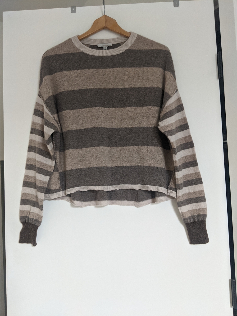 COLLABORATION Striped Crewneck CASHMERE Sweater - Taupe and Cream